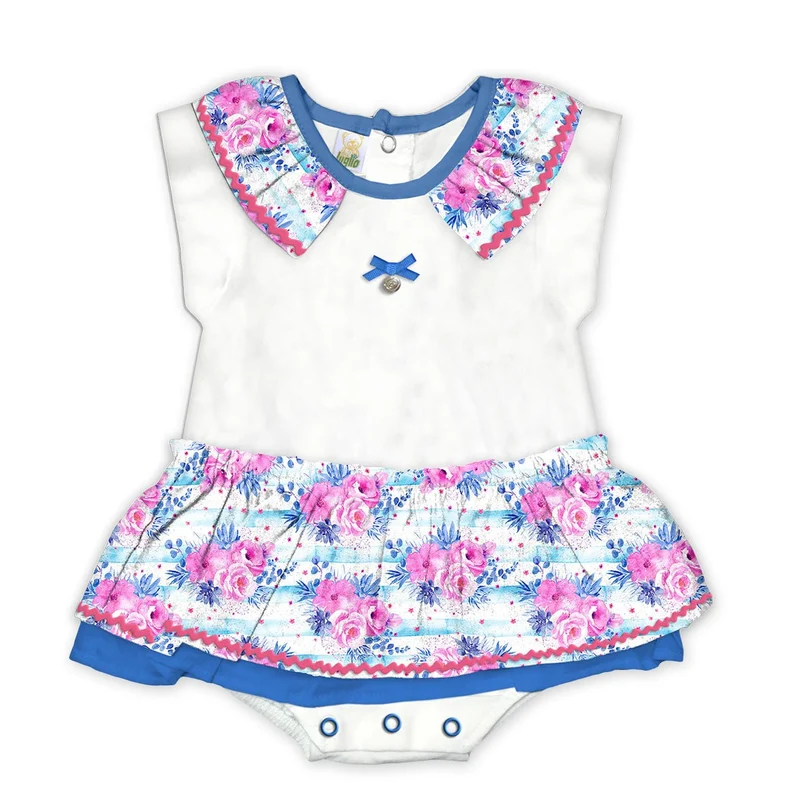 Pagliaccetto con Fascia Blu Neonata in Cotone Fantasia Floreale Luglio