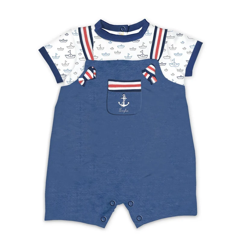 Pagliaccetto Neonato in Cotone Jeans con Barchette Luglio