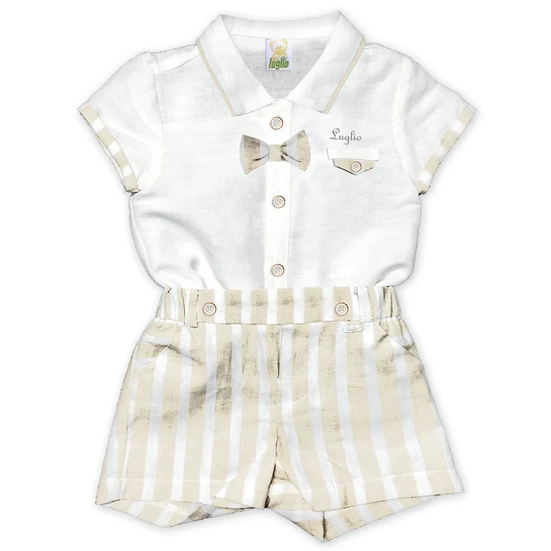 Completino Neonato Camicia + Bermuda in Cotone Staccabile Tortora Luglio