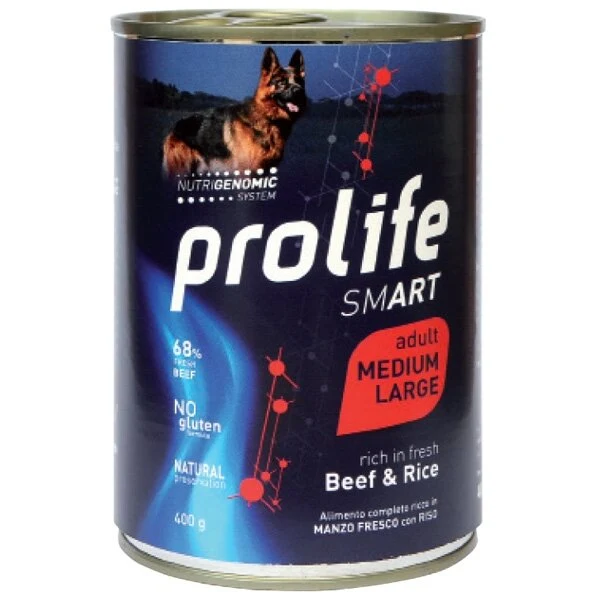 Prolife Smart Manzo Fresco Con Riso Cibo Umido Per Cani Adulti Taglia Media/Grande Lattina 800g