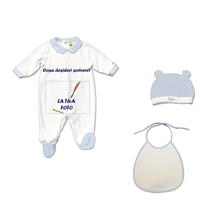 Personalizzabile con frase e foto - Set Tutina + Bavetta + Cappello