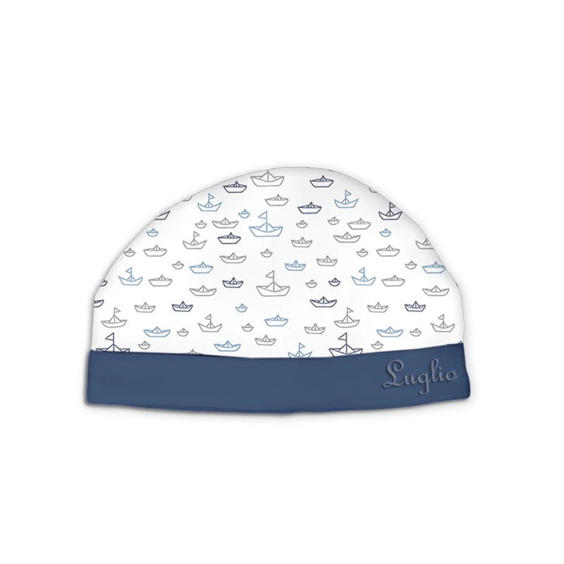 Cappello Neonato in Cotone Marinaretto Bianco e blu Barchette, Luglio
