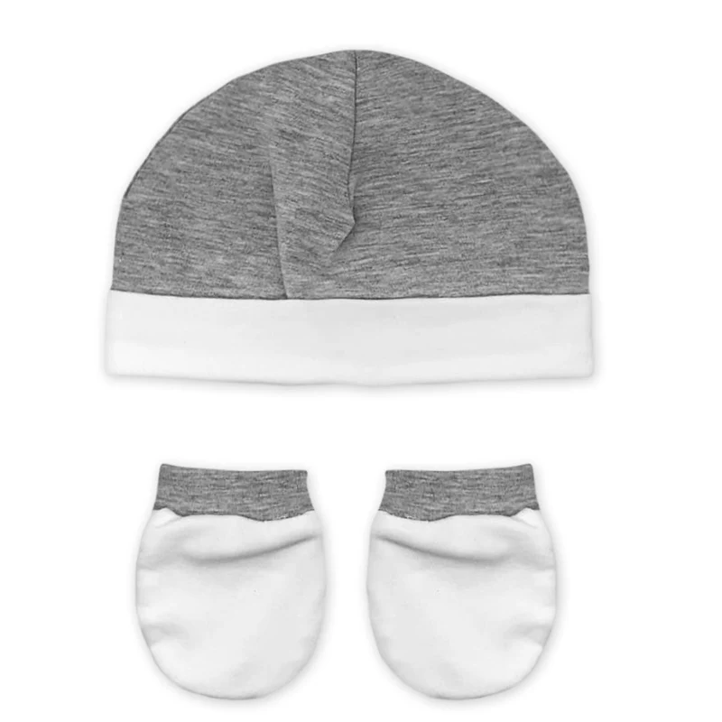 Cappello e Muffole Neonato in Cotone Grigio e Bianco, Luglio