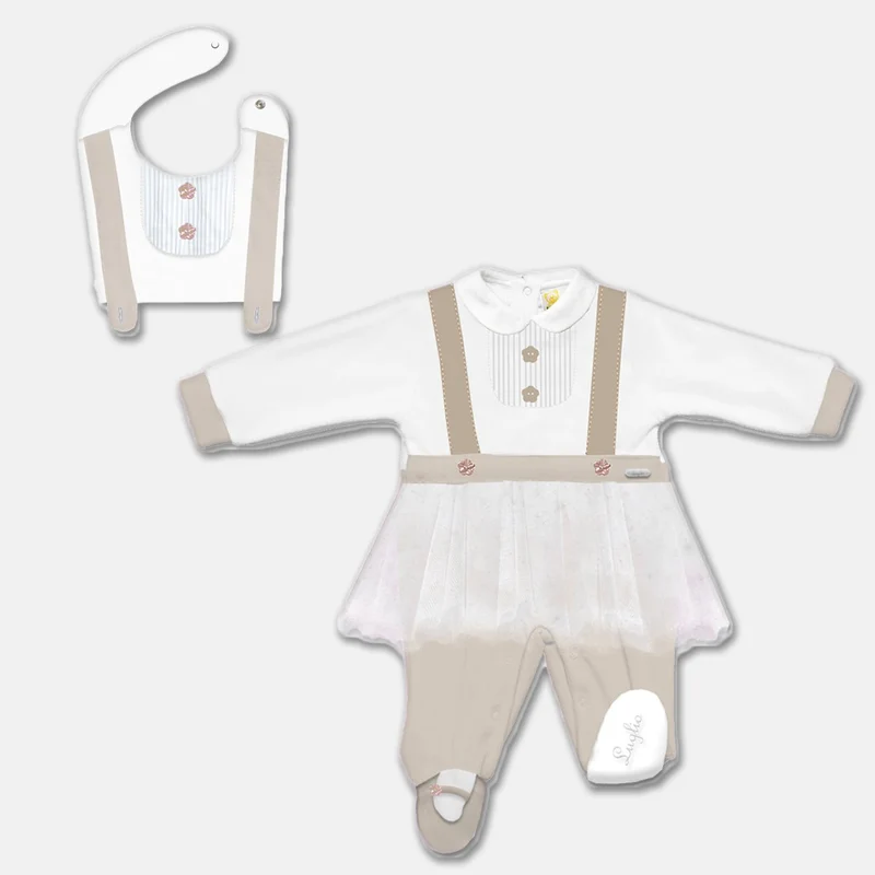 Tutina Neonata Beige Gonna e Bavetta Staccabile Luglio