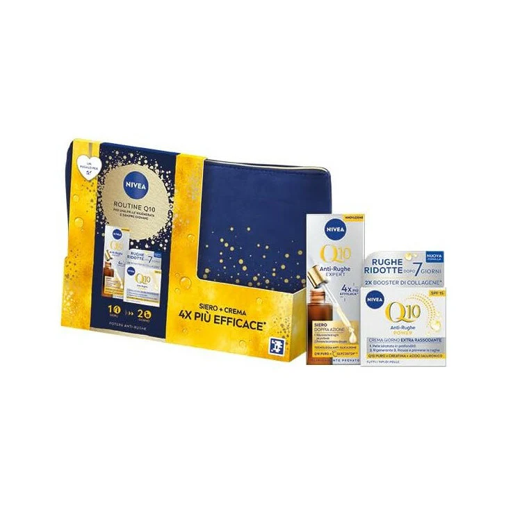 Nivea Routine Q10 Cofanetto Crema Viso 50ml + Siero Viso 30ml + Travel Bag