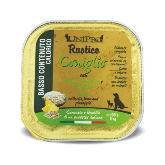 Unipro Rustico Coniglio Con Riso/Crusca/Ananas Per Cani Sovrappeso Vaschetta 100g