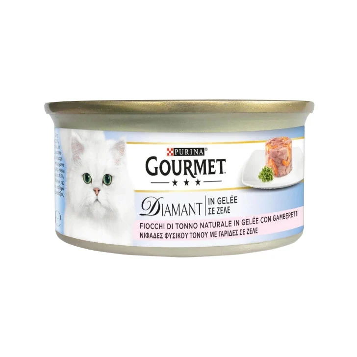 Purina Gourmet Diamant Fiocchi Tonno Naturale GelÃ©e Con Gamberetti Per Gatti Lattina 85g
