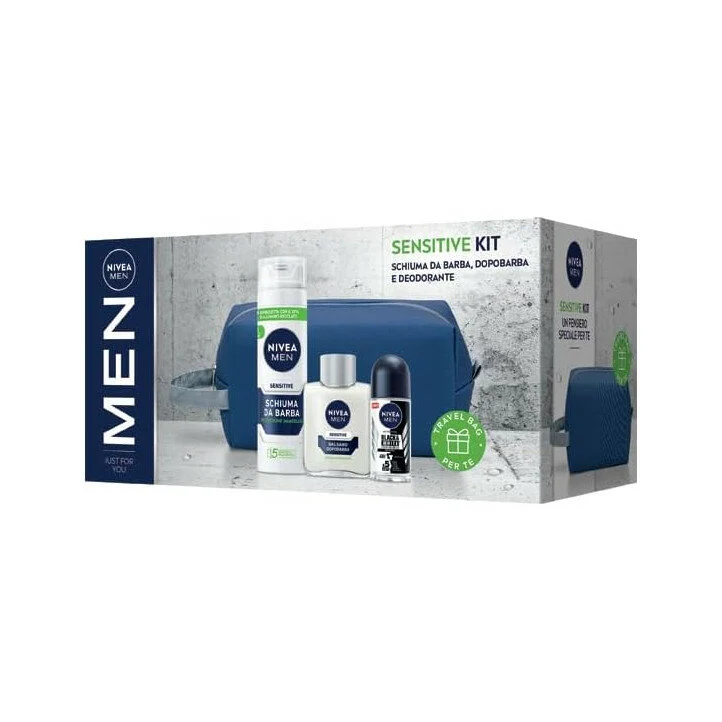 Nivea Men Sensitive Kit Cofanetto Con Schiuma 200ml Dopobarba 100ml Deodorante 50ml E Travel Bag