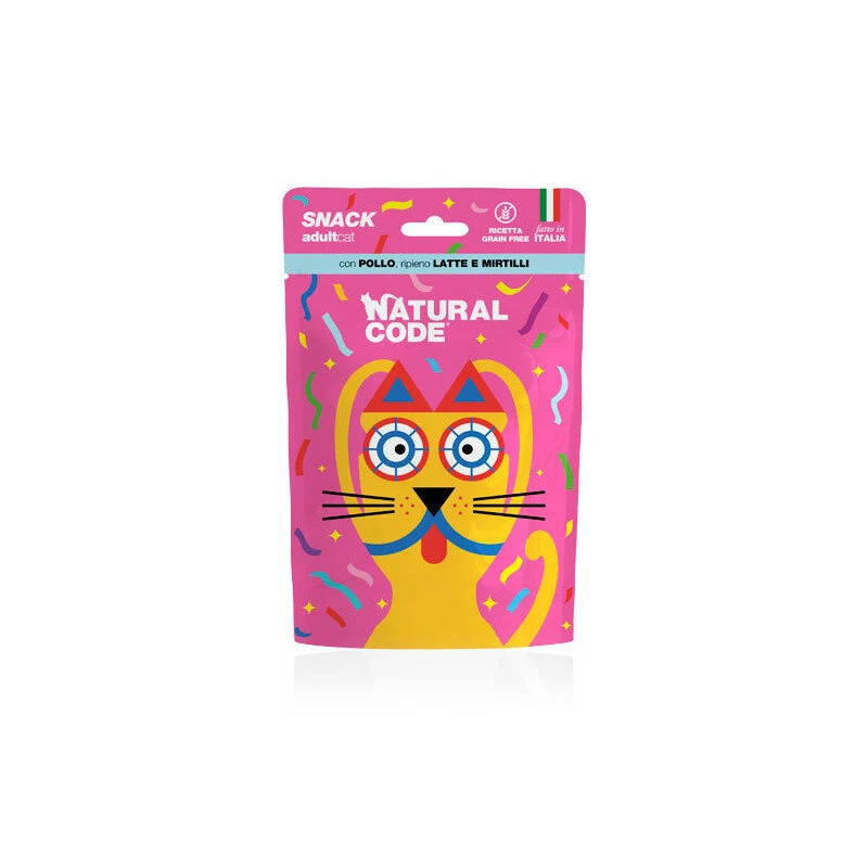 Natural Code Snack Per Gatti Adulti Pollo Ripieno di Latte e Mirtilli Busta 60g
