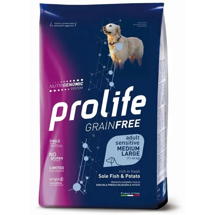 Prolife Dog Grain Free Sensitive Fish & Potato Cibo Secco Per Cani Adulti Taglia Media/Grande Sacco