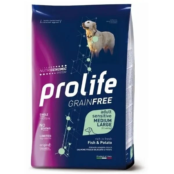 Prolife Dog Grain Free Sensitive Fish & Potato Cibo Secco Per Cani Adulti Taglia Media/Grande Sacco