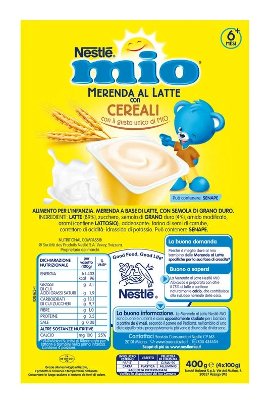 Nestlè Mio Merenda Al Latte Cereali 4 Vasetti Da 100g