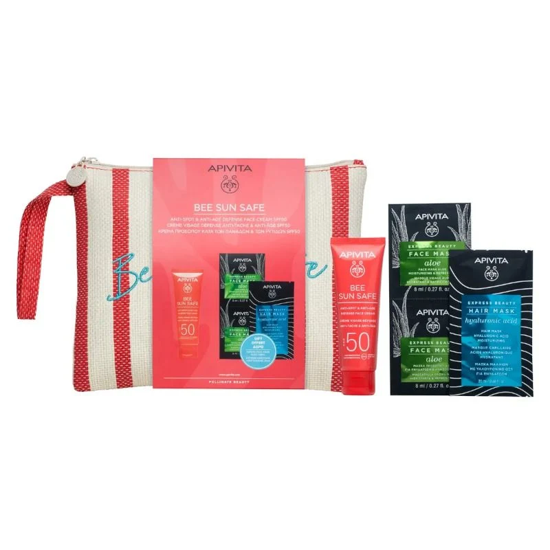 Apivita Bee Sun Safe Crema Viso SPF50 Anti-Macchia 50ml + Face Mask Aloe 2x8ml + Hair Mask Hyaluroni