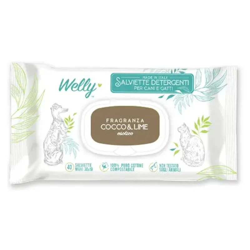 Welly Salviette Detergenti Esotiche Cocco & Lime Per Cani E Gatti 40 Pezzi