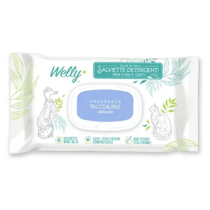 Welly Salviette Detergenti Delicate Talco & Iris Per Cani E Gatti 40 Pezzi