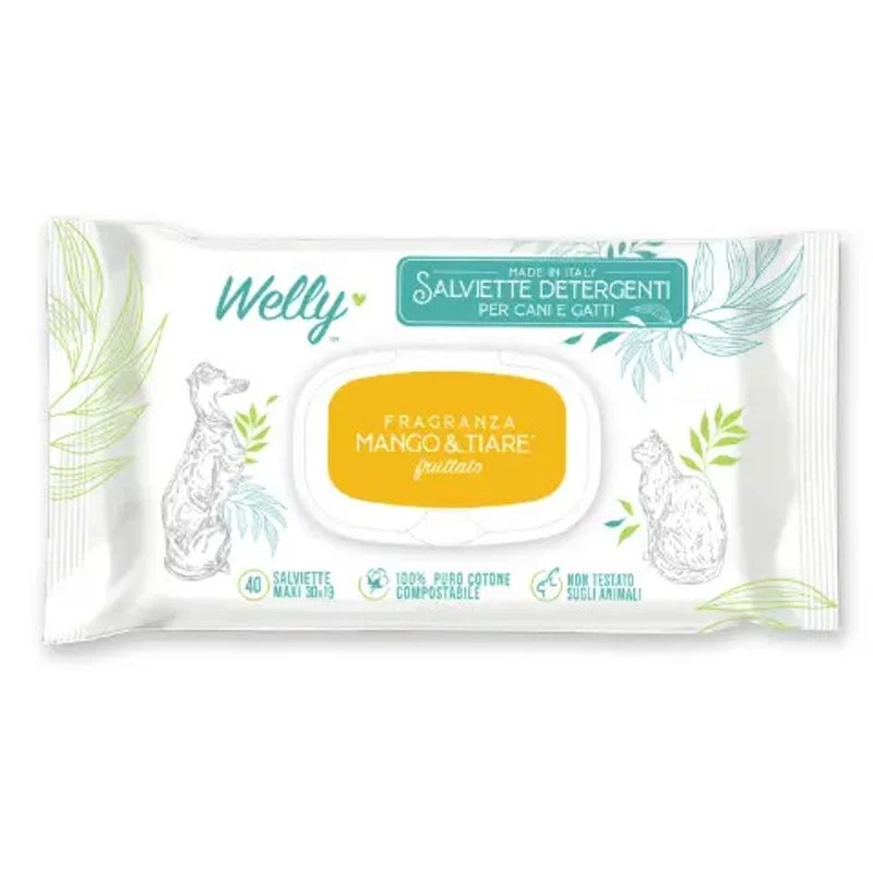 Welly Salviette Detergenti Fruttate Mango & Tiarè Per Cani E Gatti 40 Pezzi