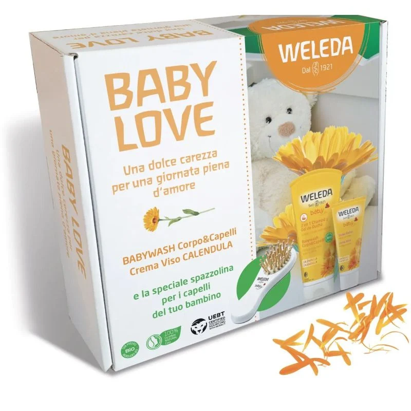 Weleda Cofanetto Baby Love bagnoschiuma 50ml + crema viso calendula 200ml + spazzolina