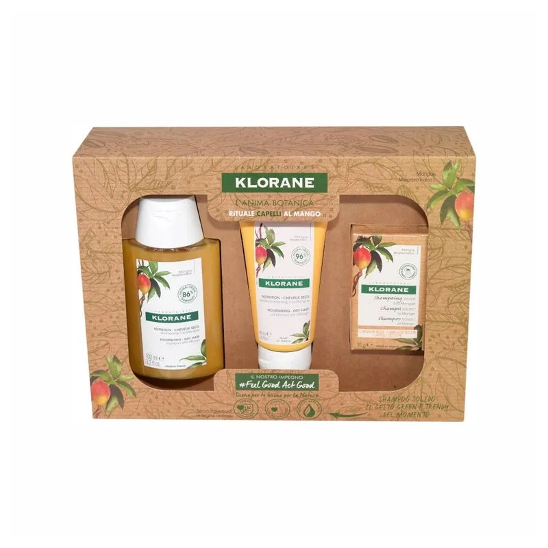 Klorane Cofanetto Rituale Capelli Secchi al Mango shampoo 100ml + balsamo 50ml + shampoo solido 80g