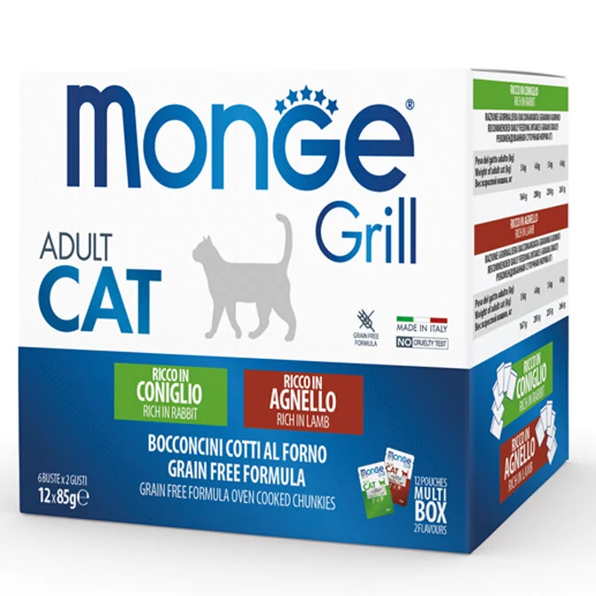Monge Grill Adult Multibox Mix Coniglio Agnello Cibo Umido Per Gatti Adulti 12 Bustine