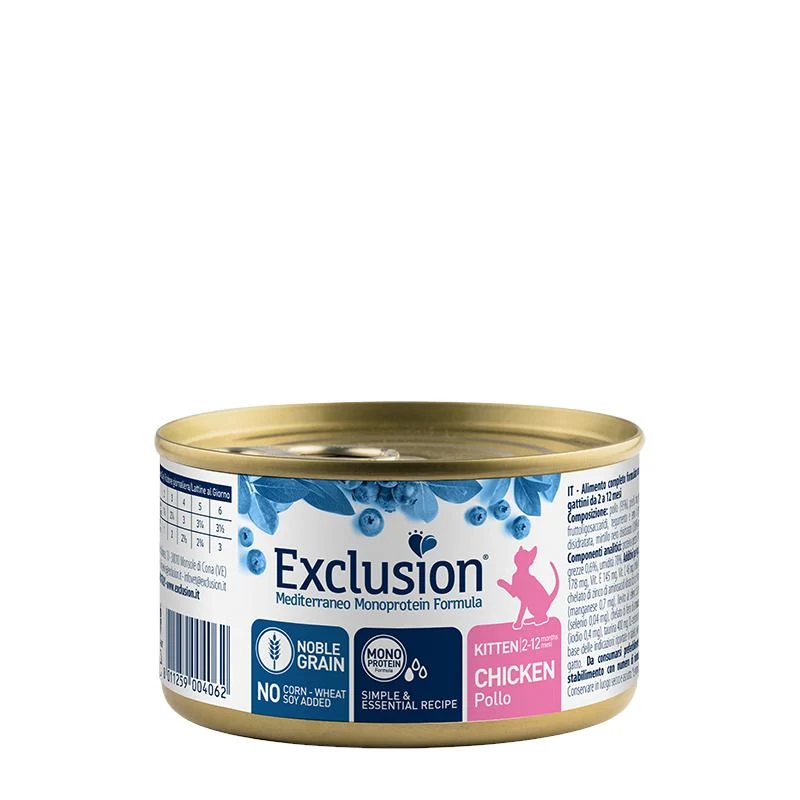 Exclusion Mediterraneo Noble Grain Cibo Umido Per Gattini Al Pollo Lattina 85g