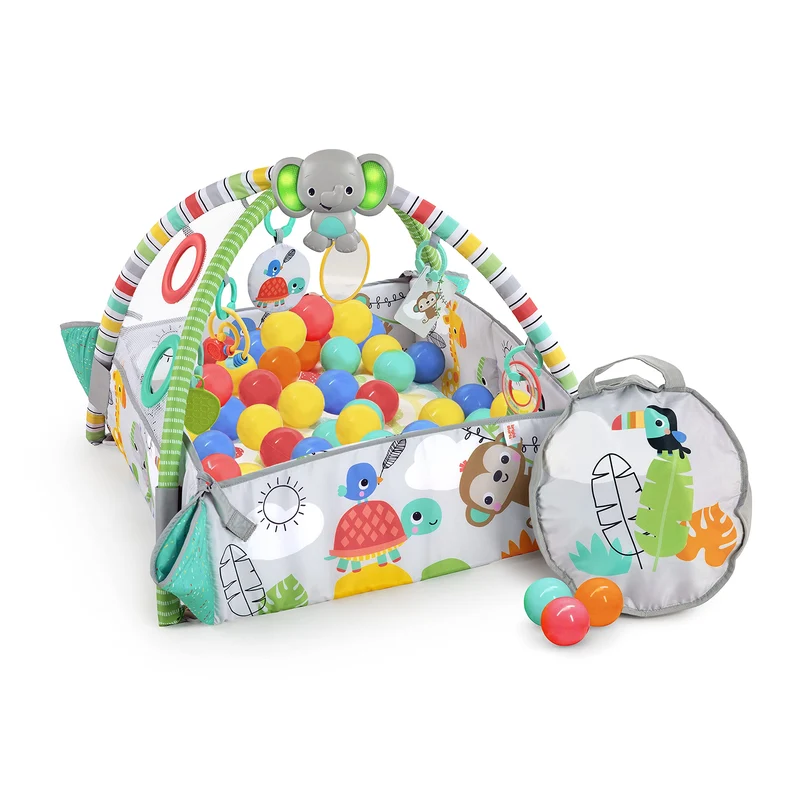 Bright Starts, Palestra di Attività Evolutiva 5in1 - 40 palline, Arco di Gioco, 7 Giocattoli Rimovibili, 20+ Min di Luci e musica, Sviluppo Motorio, da neonato a bambino - Totally Tropical