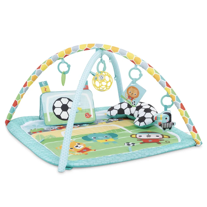 Bright Starts, Palestra Attività a Tema Calcio Oball, 4 Modalità di Gioco: Tappetino Lavabile con Cuscino per Pancia, Arco Removibile, Luci e 30+ Melodie, Unisex, 0+ Mesi