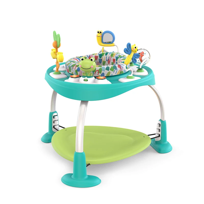 Bright Starts, Centro Attività e Tavolo 2in1 Bounce Bounce Playful Pond - 7 Giocattoli Interattivi, Suoni e Musica, Altezza Regolabile, Seduta Ruotabile a 360°, Verde, dai 6 Mesi +