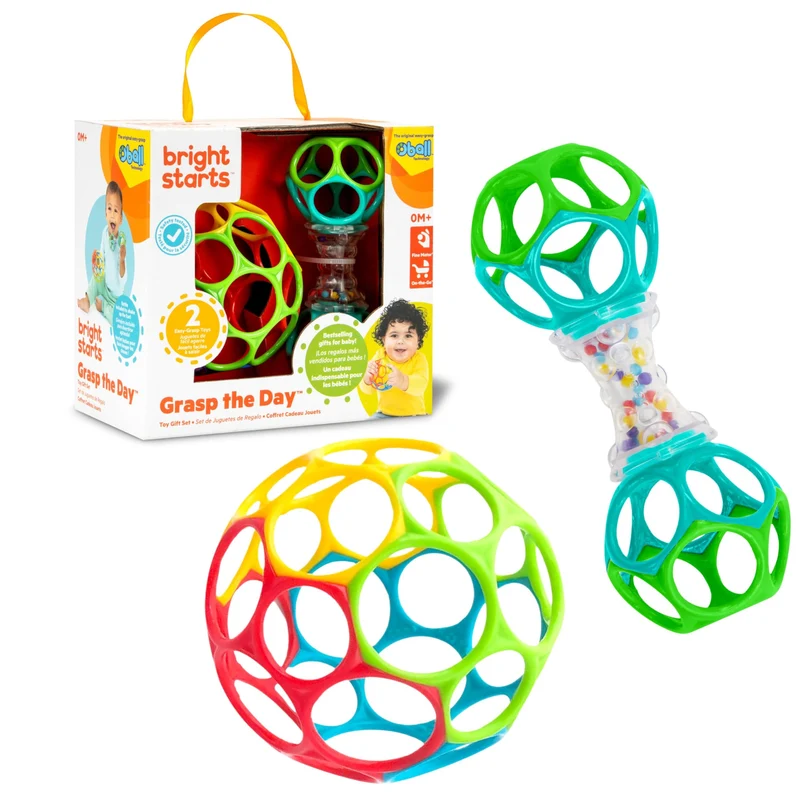 Bright Starts, Set Regalo con Giocattoli Oball Facili da afferrare - Grasp The Day, Confezione da 2 Giocattoli con Pallina e sonaglio, privi di BPA, Unisex, 0+ Mesi