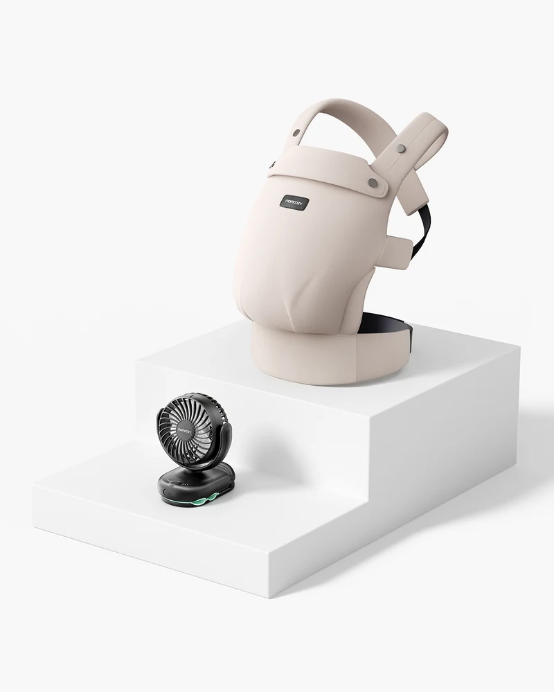 Kit indispensabile per le uscite: marsupio e ventilatore da passeggino con clip.