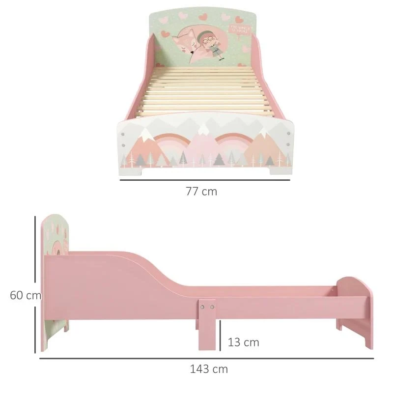 LETTO PER BAMBINI 3-6 ANNI CON BORDI RIALZATI, DOGHE E FANTASIA CON ANIMALI, 77 X 143 X 60 CM, ROSA