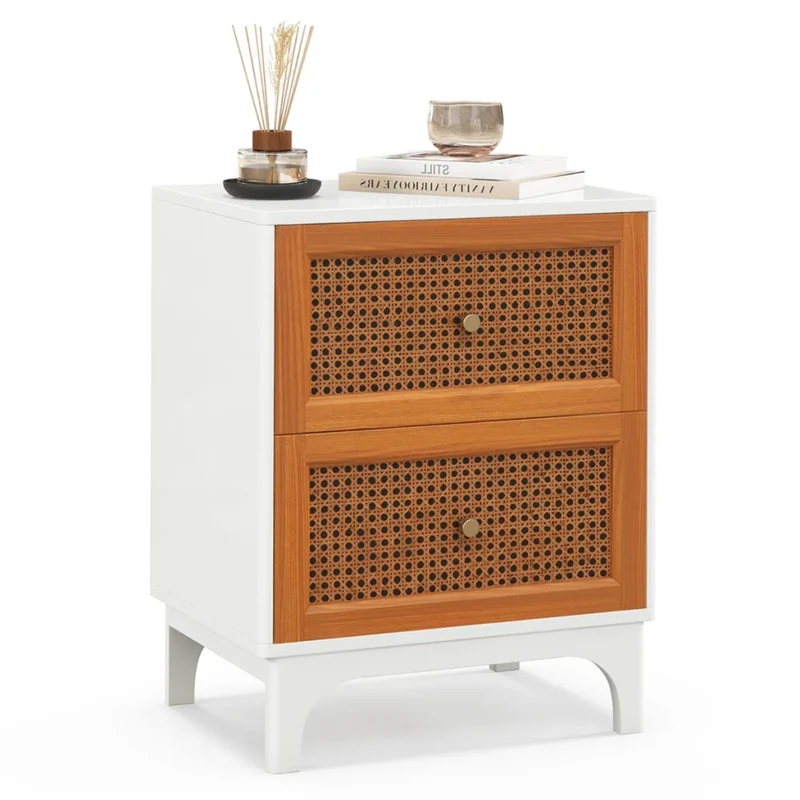 Comodino in rattan naturale 46 x 33 x 59,5 cm 2 ampi cassetti design bohémien in MDF bianco 20_0019199