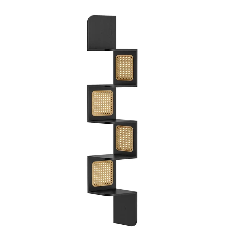 Scaffale angolare mensola da parete flottante a 5 livelli scaffale angolare a zigzag lati in rattan PVC salva-spazio per cucina camera da letto salotto stile nero 12_0005639