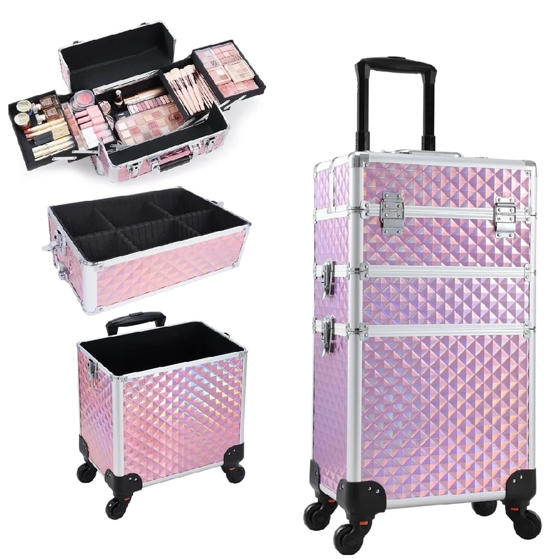 Trolley Professionale 3in1 Makeup Estetista Beauty Case con Ruote Staccabili 4 scomparti