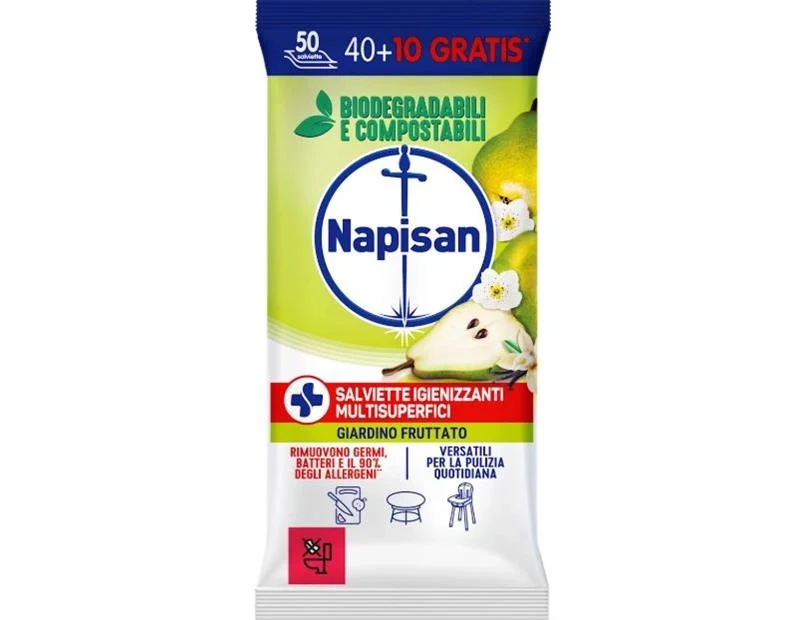NAPISAN SALVIETTE IGIENIZZANTI MULTISUPERFICI GIARDINO FRUTTATO 1 CONFEIZIONE DA 50 SALVIETTE IGIENIZZANTI