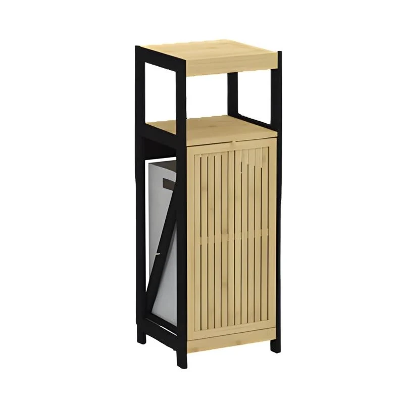 MOBILE DA BAGNO IN LEGNO CON ANTA, RIPIANO IN BAMBOO E PORTABIANCHERIA IN TESSUTO - COLORE NERO DIMENSIONI 36X33X98 CM