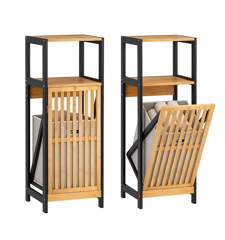 MOBILE DA BAGNO IN LEGNO CON ANTA, RIPIANO IN BAMBOO E PORTABIANCHERIA IN TESSUTO - COLORE NERO DIMENSIONI 36X33X98 CM