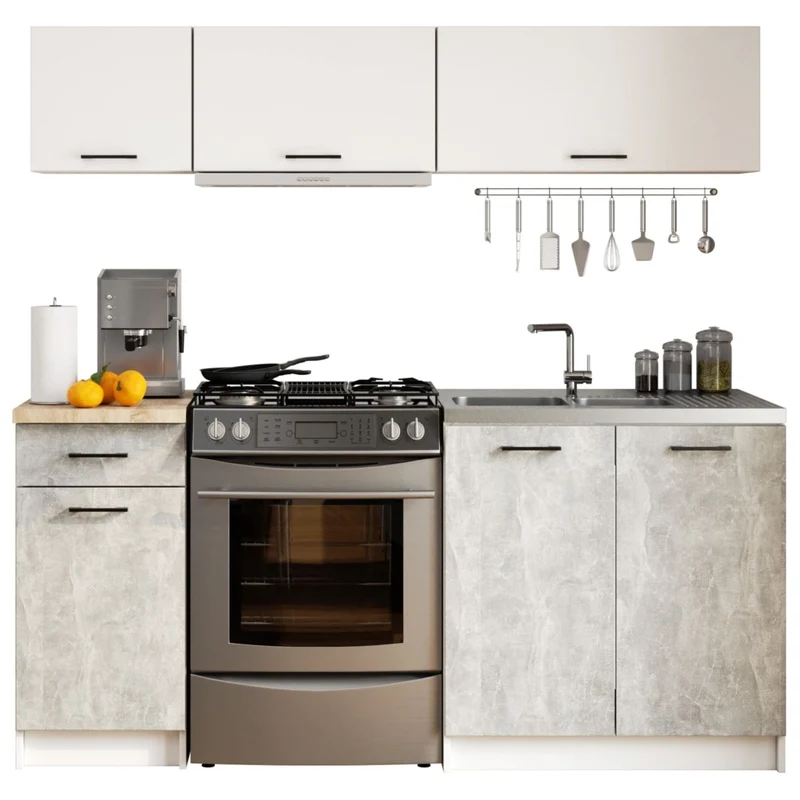 AKORD Set di Mobili da Cucina OLIWIA G1 180 cm Bianco 180 cm 6 ante 1 cassetto inserto frontale Cemento 180x46x174 cm