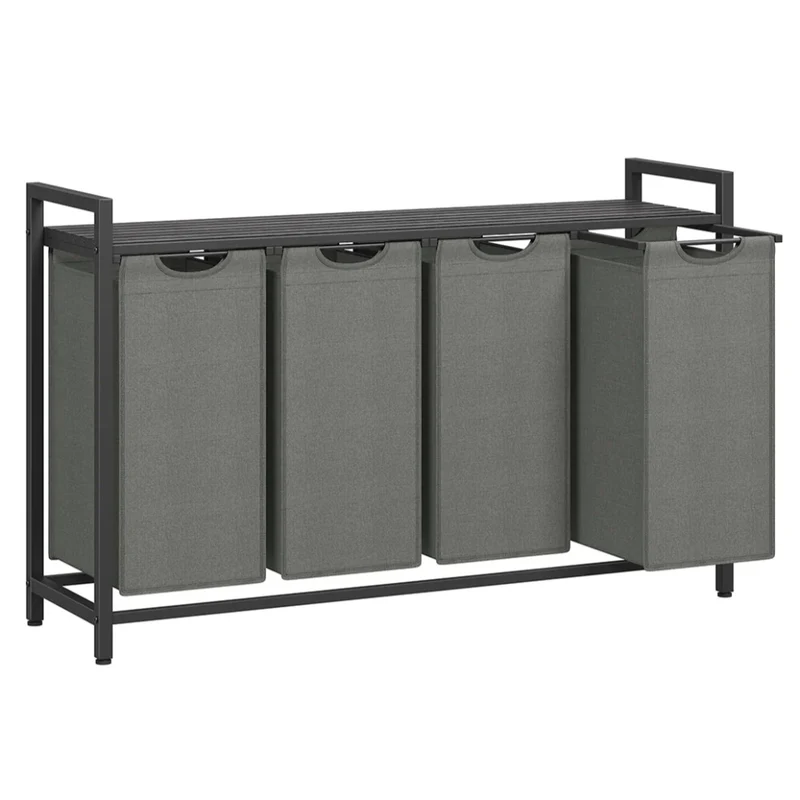 Cesto portabiancheria con 3 scomparti e 1 ripiano rimovibile per sacchetti capacità 38 litri per sacchetto per bagno/lavanderia marrone rustico e nero 12_0006760